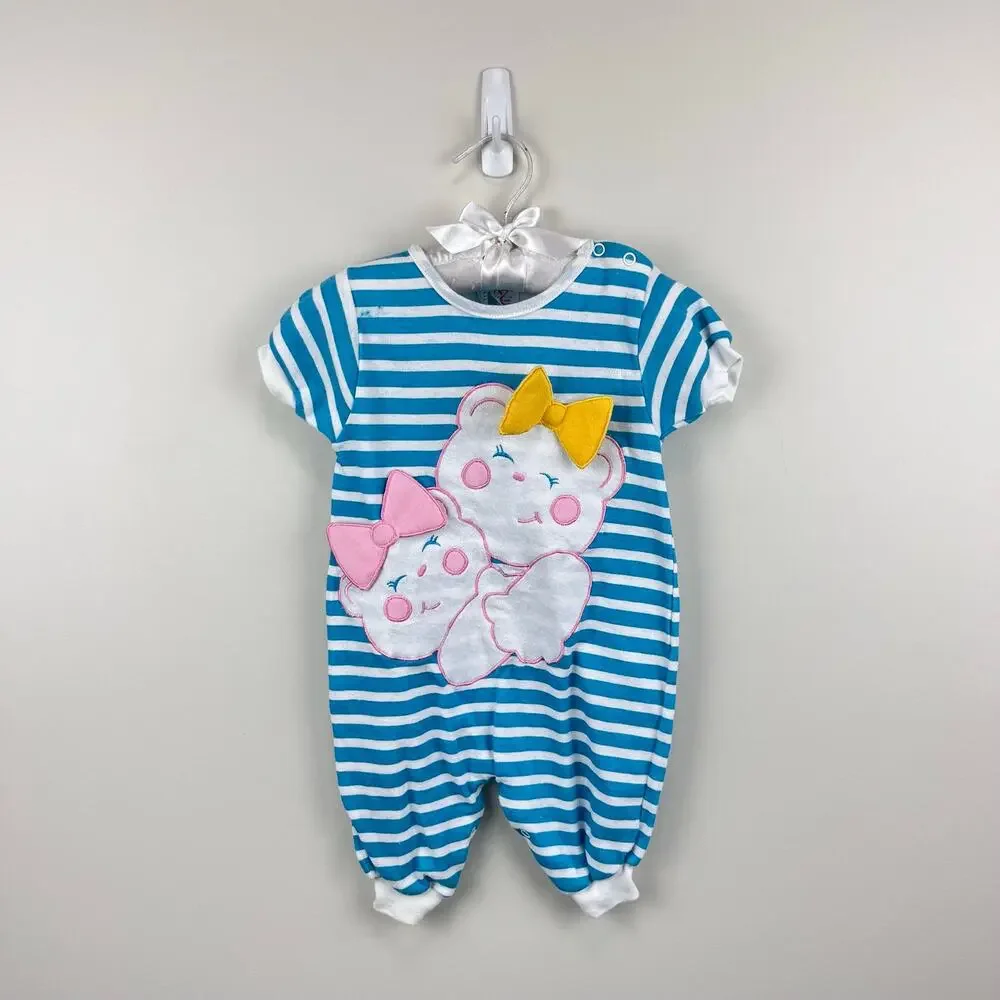 Vintage Hopscotch Blue Striped Teddy Bear Bow Romper 0-6 Months